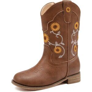 ⚡Girls Brown Floral Embroidered Cowgirl Boots Western Square Toe Mid Calf